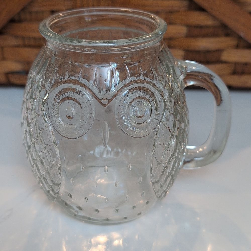 Vintage Clear Embossed Owl Design Glass Mug Decorative Jar